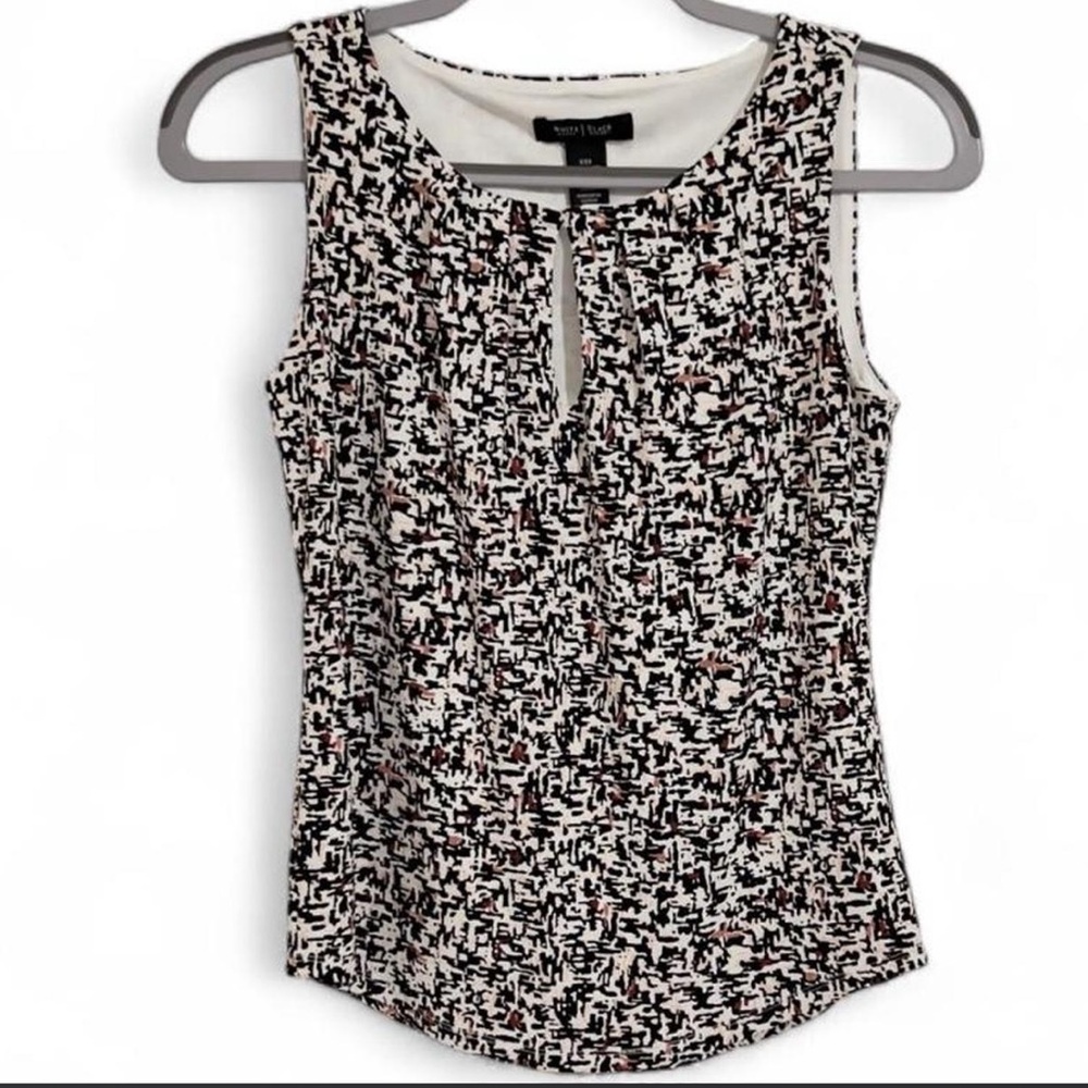 White House Black Market XXS Black, White, & Pink Print Shell w/ Keyhole Neck
